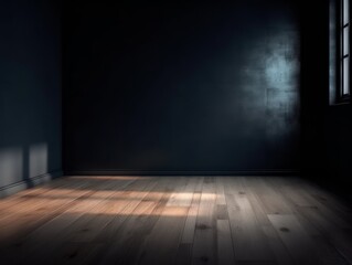 Serene Empty Room with Wooden Floor and black wall natural light coming from the windows. Generative AI.