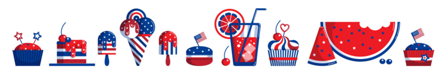 4th of July Usa Independence Day party food and drink vector clipart, border decor. Set of cupcakes, ice cream, juice, watermelon, cake in white, blue, red Us flag colors, isolated on white background - obrazy, fototapety, plakaty