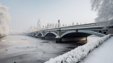 Frozen London Cityscape due to Climate Change. Generative AI.