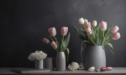 Fototapeta na wymiar a bunch of tulips in a vase on a table. generative ai