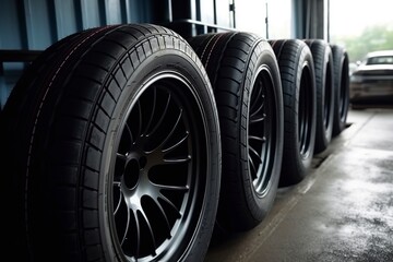 illustration, set of tires and the car in the garage, ai generative