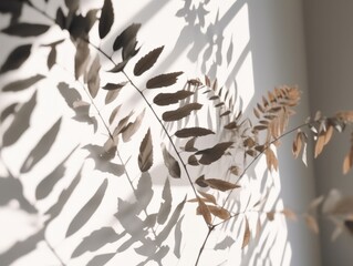 Minimalistic natural light background with blurred foliage and shadow on white background. Generative AI.