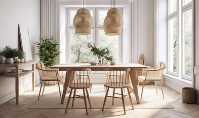  a dining room with a table and chairs and a potted plant.  generative ai