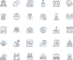 Global economy line icons collection. Interconnectedness, Integration, Competition, Markets, Trade, Exchange, Export vector and linear illustration. Import,Tariffs,Protectionism outline Generative AI