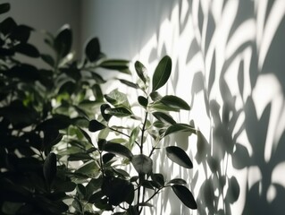 Minimalistic natural light background with blurred foliage and shadow on white background. Generative AI.