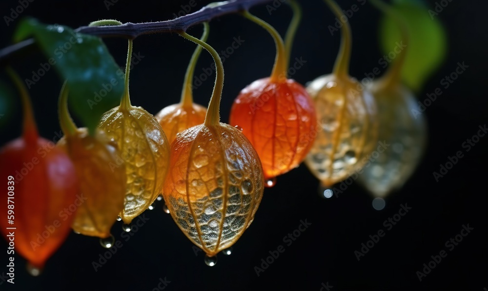 Poster a group of colorful flowers hanging from a tree branch with water droplets on them. generative ai