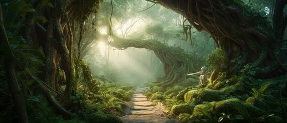 Keuken spatwand met foto Fairy forest with trees and grass, landscapes, detailed fantasy art, and dark green forest passage. Generative Ai.  © Saulo Collado