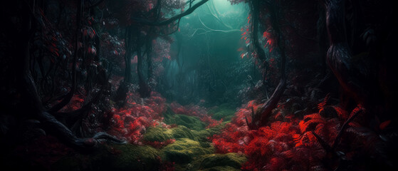 A green jungle with red leaves and trees, in the style of medieval fantasy. Generative Ai. 
