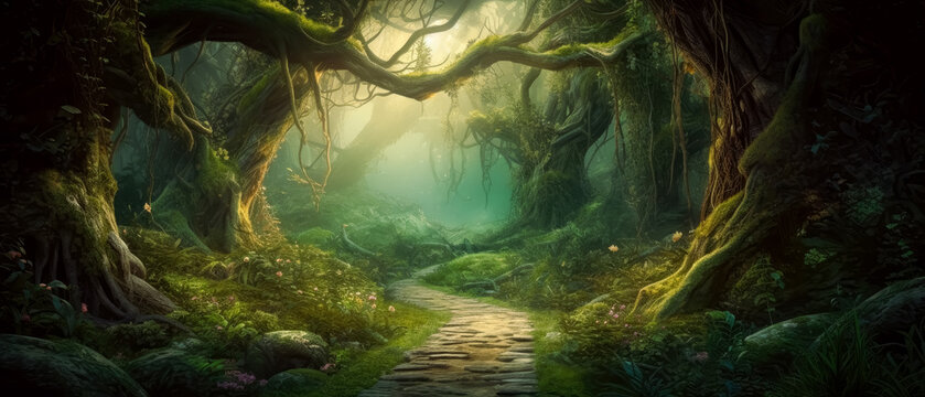 Fairy forest with trees and grass, landscapes, detailed fantasy art, and dark green forest passage. Generative Ai. 
