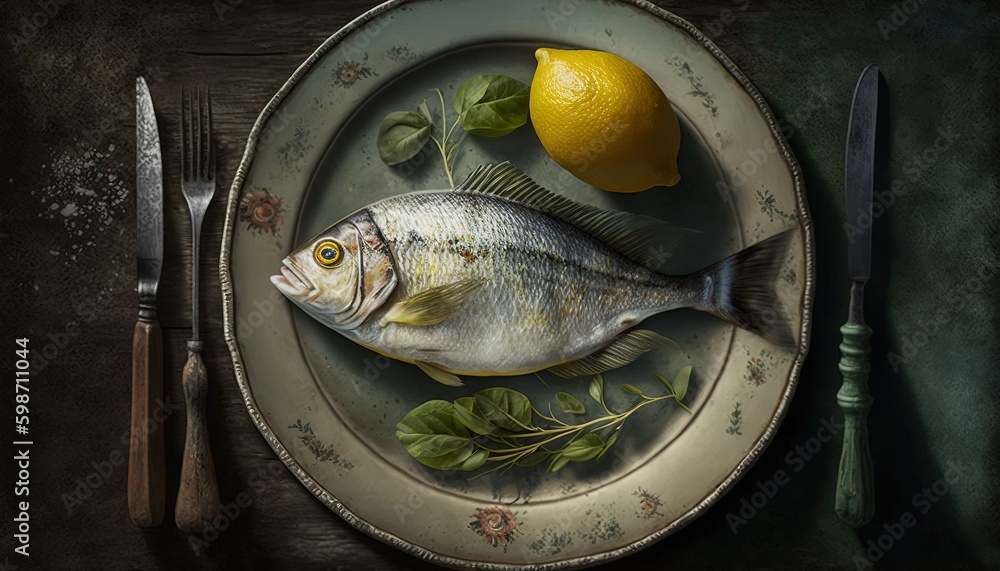Poster fish on a platter with a wedge of lemon at a steep angle generative ai generative ai