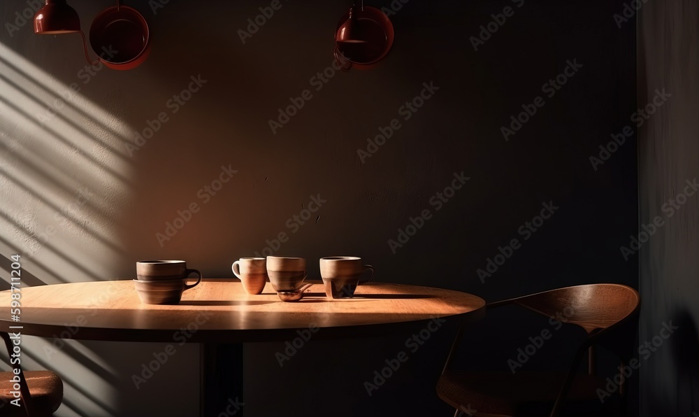 Poster a table with three cups on it and a lamp hanging from the ceiling. generative ai