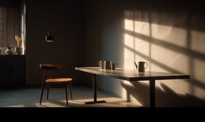  a room with a table and a chair and a window.  generative ai