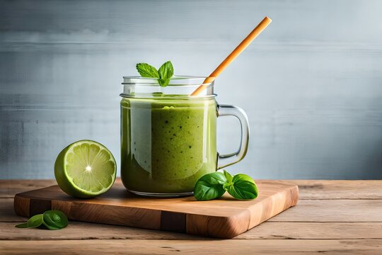 Mason jar mugs filled with green spinach and kale health smoothie. Generated by AI