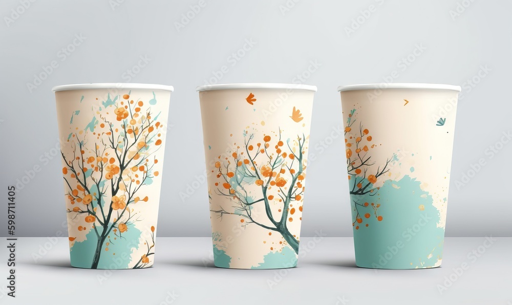 Poster three different types of coffee cups with designs on the lids. generative ai