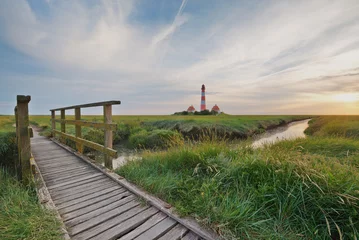 Gordijnen Abendstimmung am Leuchtturm Westerhever an der Nordsee in Schleswig-Holstein © cinzano77