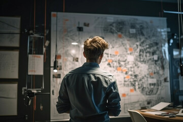 a marketing specialist strategizing on a whiteboard. generative AI
