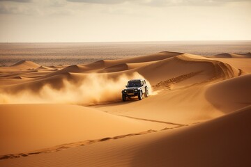 Fototapeta na wymiar illustration, sahara desert racing vehicle, ai generative