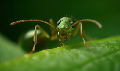  a close up of a green insect on a green leaf.  generative ai