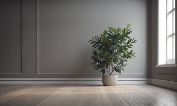  a potted plant sitting on a wooden floor next to a window.  generative ai