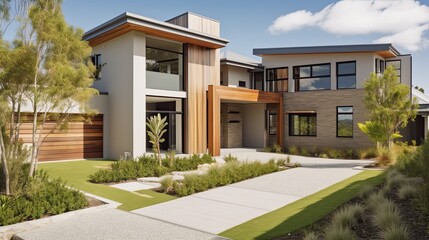Fototapeta na wymiar Luxury Suburban Modern Home with Large Garden and Trimmed Lawn - the Perfect Residence for Any Design Lover. Generative AI