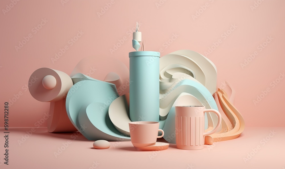 Poster a table topped with cups and saucers next to a vase. generative ai