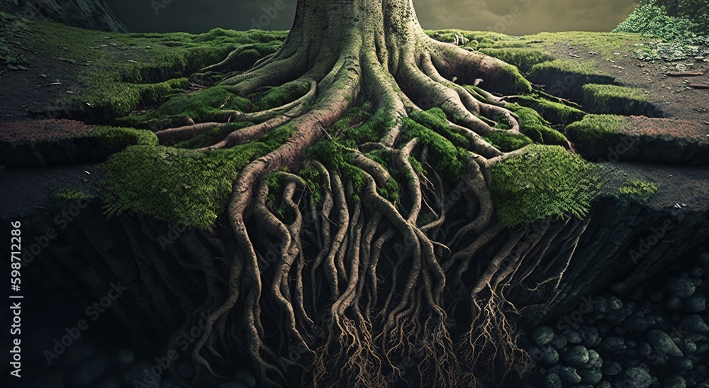 Poster big, moss-covered tree roots seen from above. generative ai generative ai