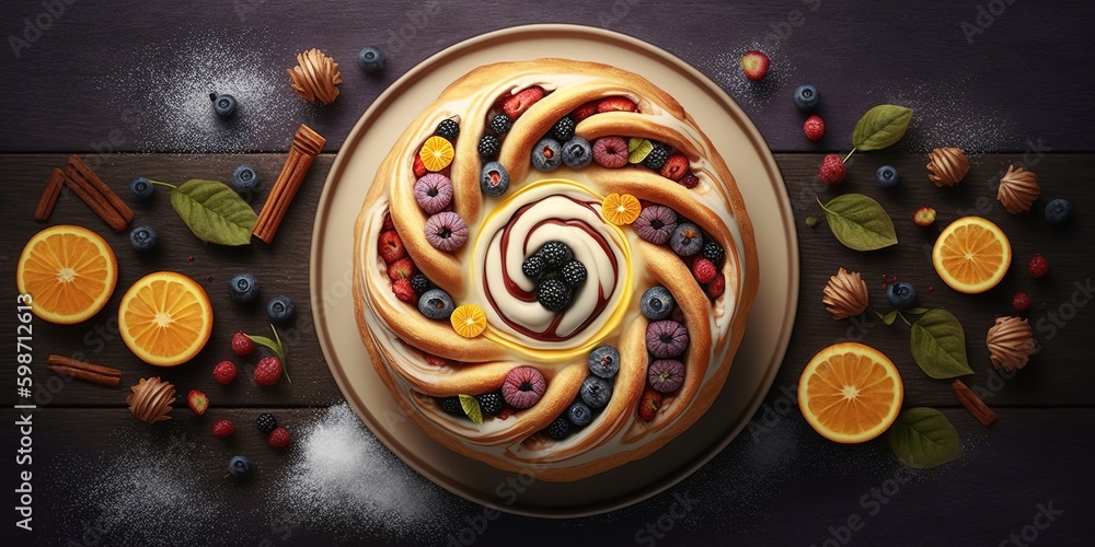 Poster fruit-filled cinnamon bun baked at a steep slant generative ai generative ai