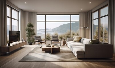 Fototapeta na wymiar a living room filled with furniture and a large window overlooking a lake. generative ai