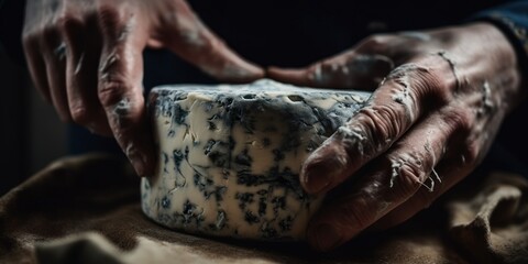 Close up hands an artisan cheese maker prepares a small-batch, cave-aged blue cheese, concept of Food fermentation, created with Generative AI technology Generative AI