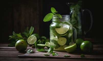  a mason jar filled with limeade and limes next to a pitcher of limeade.  generative ai