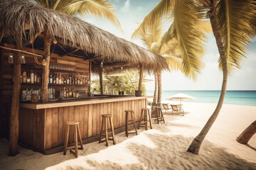 Wooden beach cocktail bar on tropical island in carribean, summer holiday in paradise