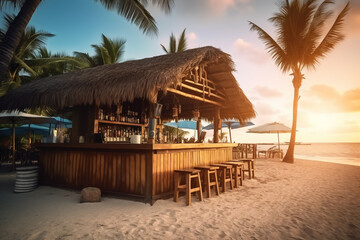 Wooden beach cocktail bar on tropical island in carribean, summer holiday in paradise