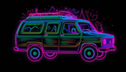 Vintage van in neon light on a black background, AI generated