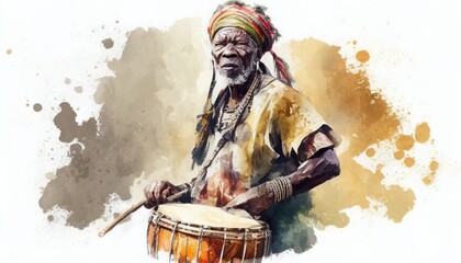 Naklejka premium Portrait of an African drummer in watercolor style by Generative AI