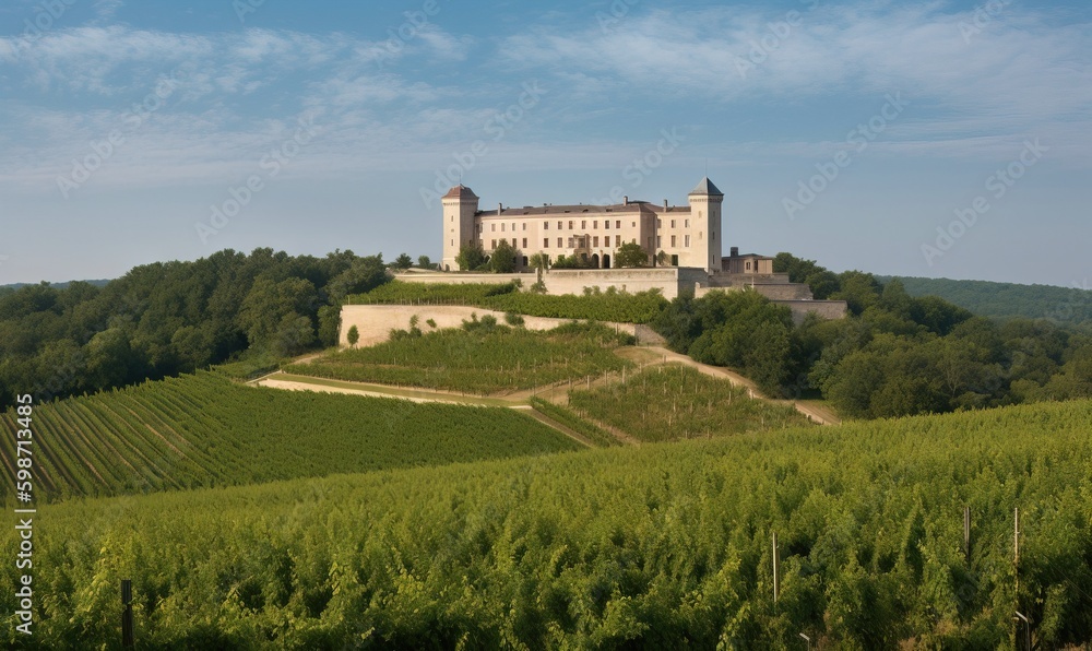 Poster a castle on a hill with trees in the foreground. generative ai