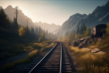 Railroad track through nature landscape, train railway for passenger or industry cargo transport
