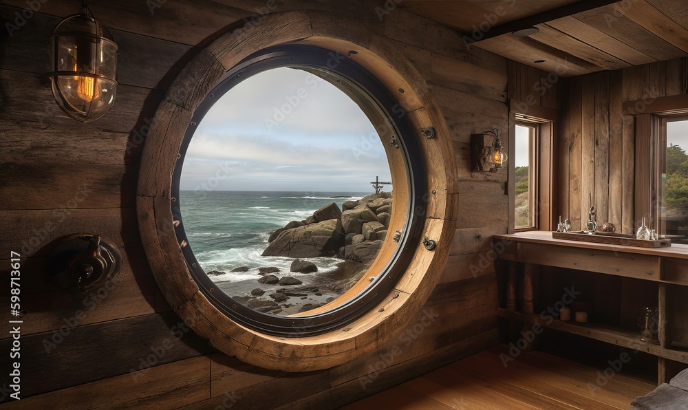 Poster a bathroom with a round window overlooking the ocean and rocks. generative ai