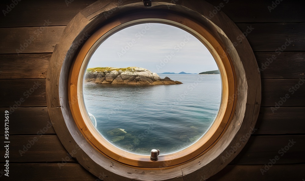 Poster a round window with a view of a body of water. generative ai