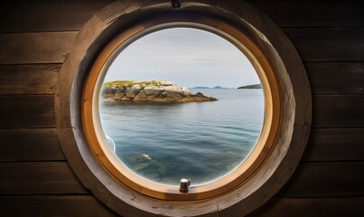  a round window with a view of a body of water.  generative ai