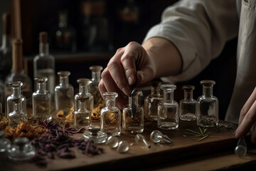A perfumer's hands create a unique scent. generative AI - obrazy, fototapety, plakaty