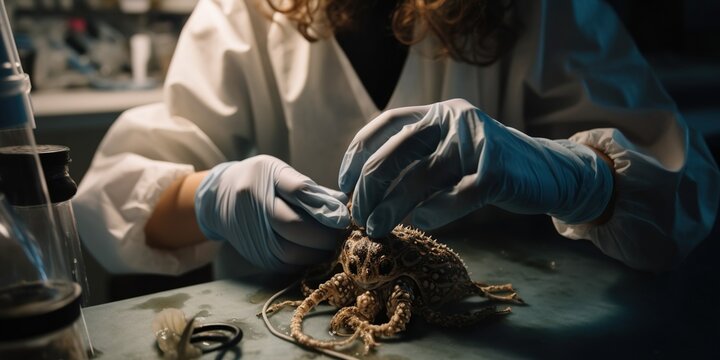 Hands of marine biologist studies a deep-sea creature in laboratory, contributing to understanding of underwater ecosystem, concept of Scientific research, created with Generative AI Generative AI