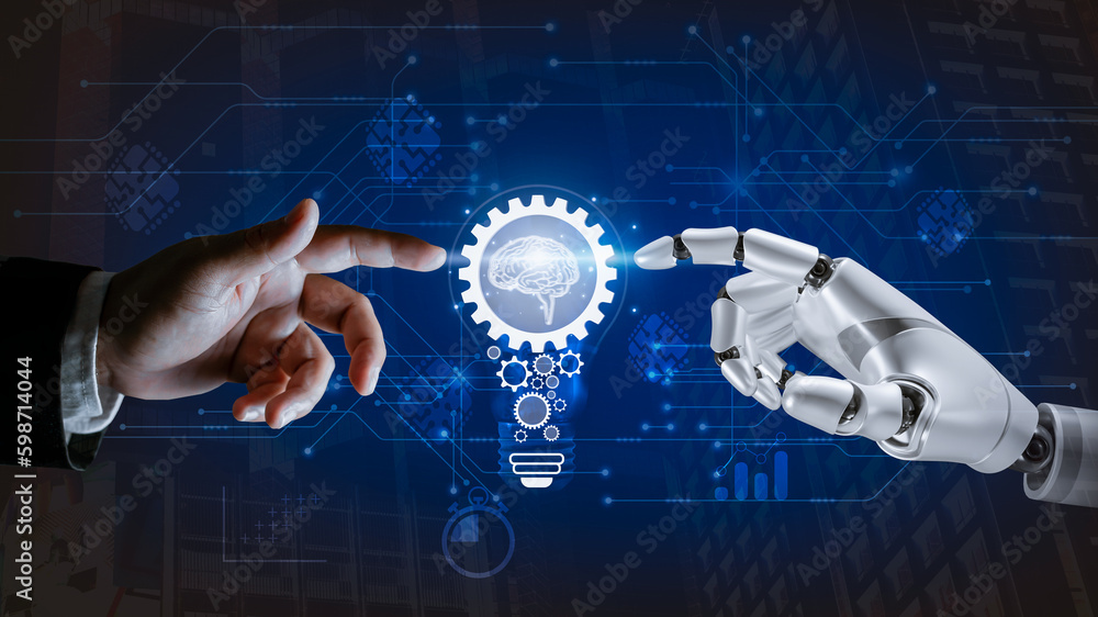 Poster ai, machine learning, hands of robot and human touch on big data network, brain data creative in lig