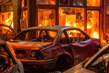 burned car and burning store due to a riot