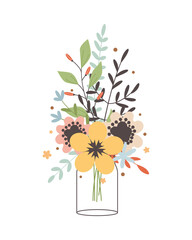 Glass jar with a bouquet of spring flowers. Cute simple vintage style.