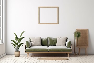 Horizontal wooden frame mockup in living room interior with green olive velvet couch, slat side table and plants on empty white wall background. 3d rendering