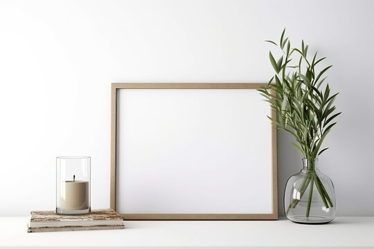 Horizontal wooden frame mockup with green olive twigs in vase and candle on white wall background. A4, A3, A size, 3d rendering