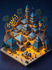 isometric of arabic villages and towns for muslim celebration day background illustration