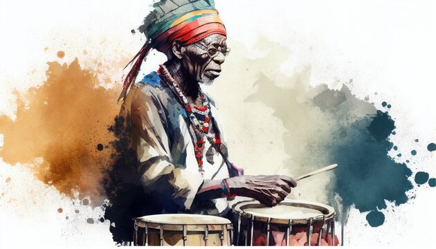 Portrait of an African drummer in watercolor style by Generative AI