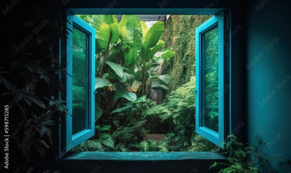 Poster an open window with a view of a tropical forest outside. generative ai