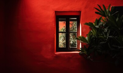  a red wall with a window and potted plant in the corner.  generative ai
